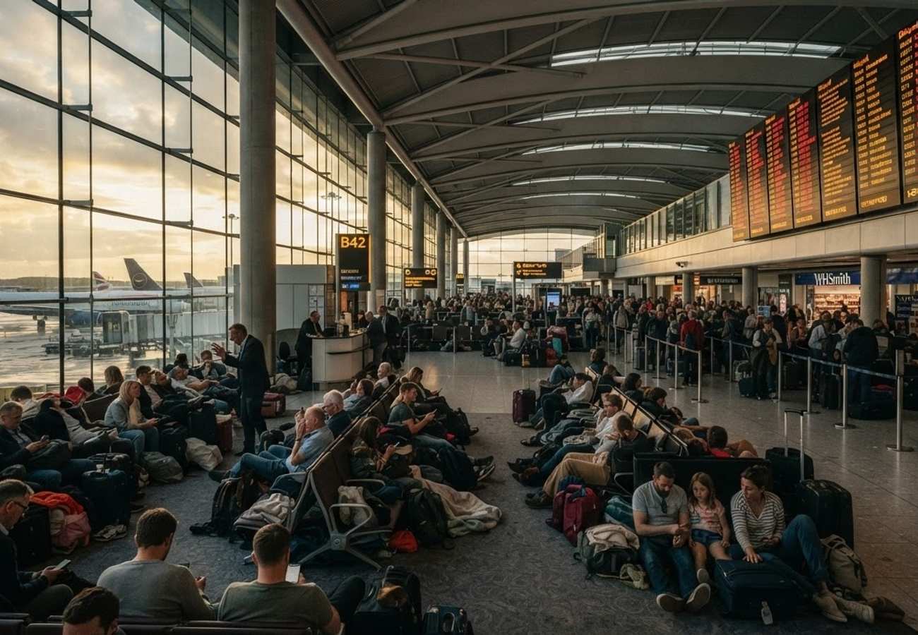 Aerial view of a crowded European airport terminal during flight disruptions