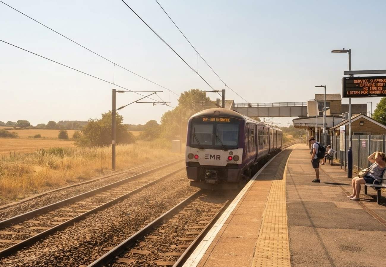 Railway tracks under intense summer sun in the UK