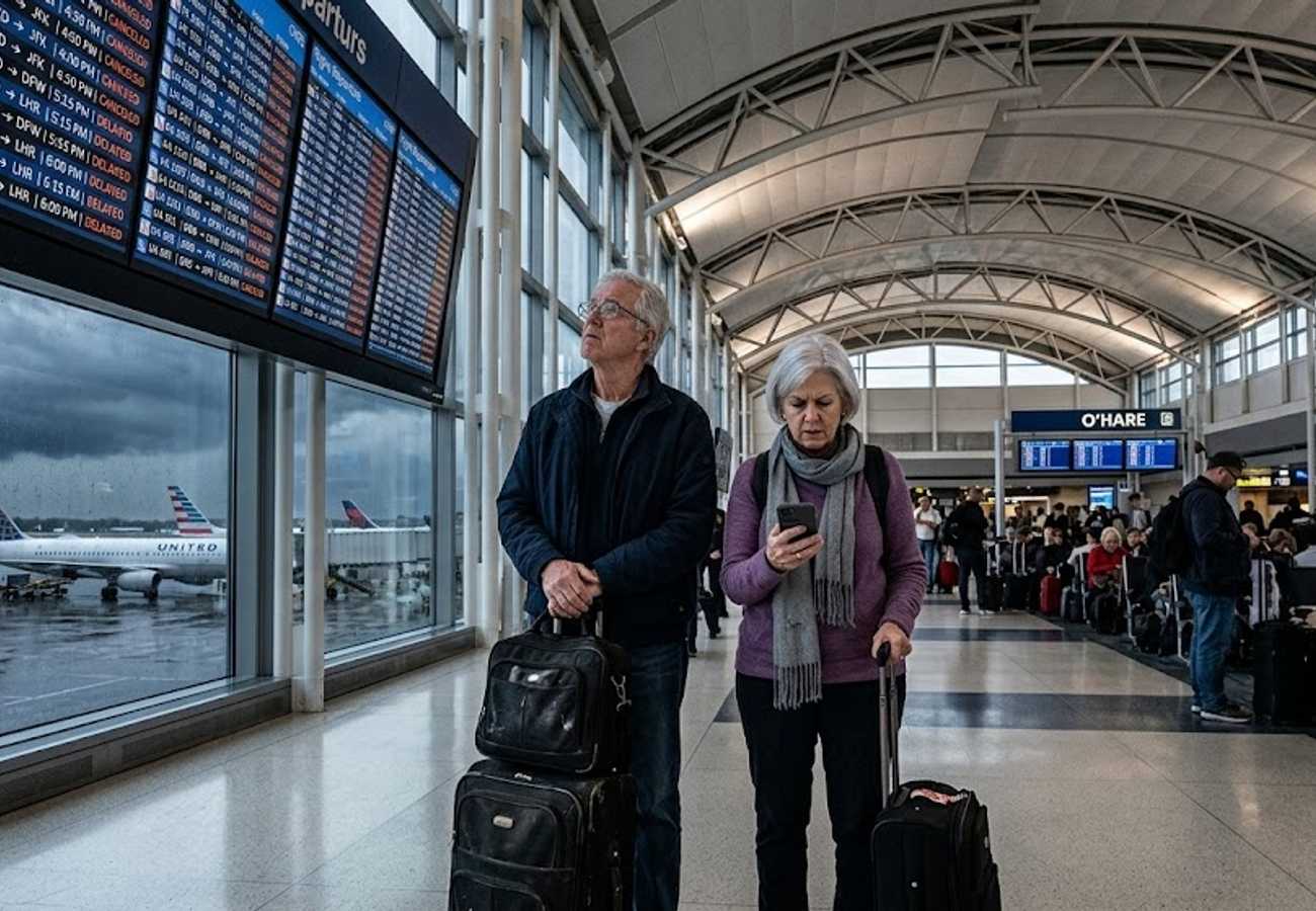 Chicago O'Hare International Airport terminal with planes at gates during a storm