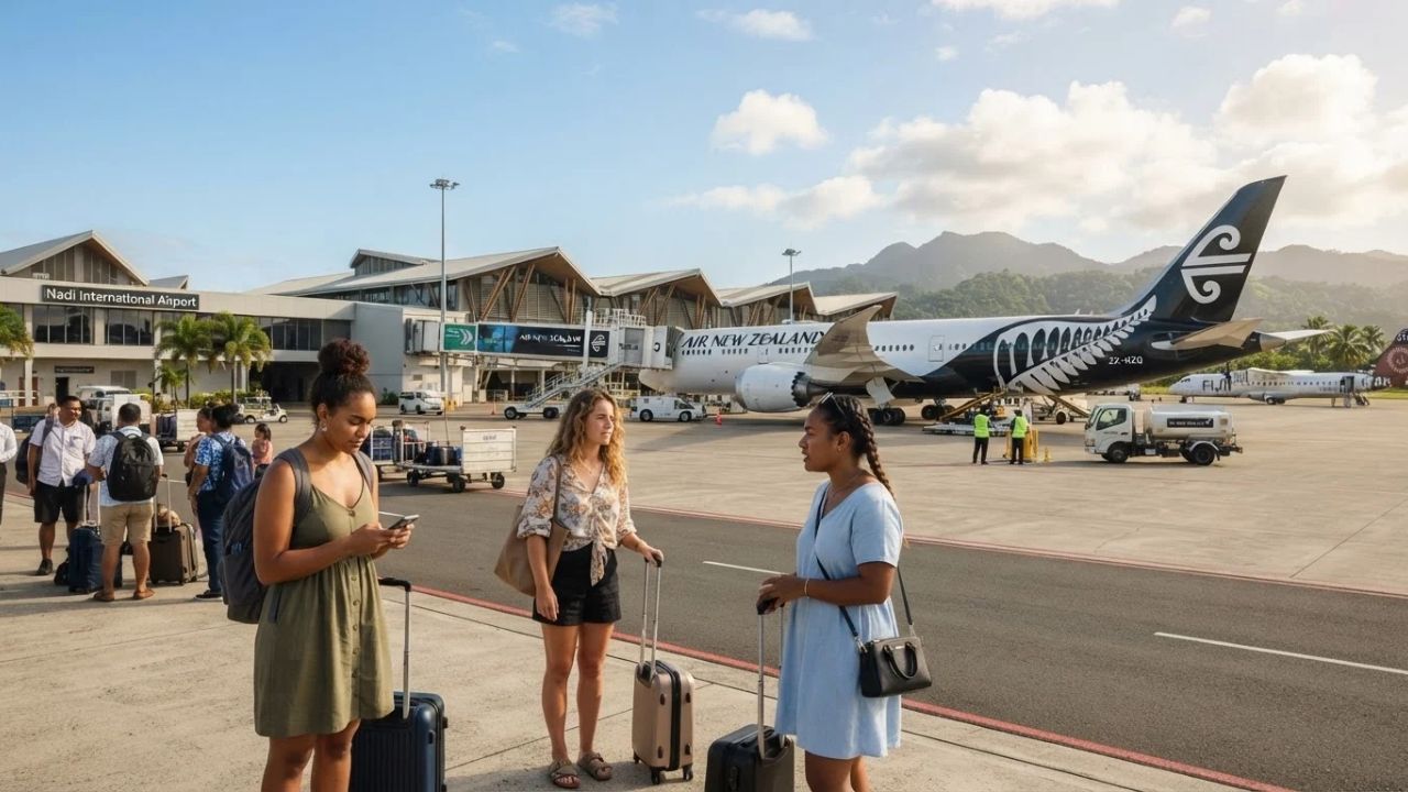 A passenger plane parked on the tarmac of Nadi International Airport in Fiji.
