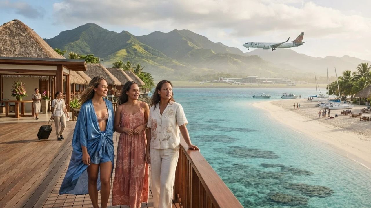 A Fiji Airways commercial aircraft flying high above tropical islands in a blue sky.