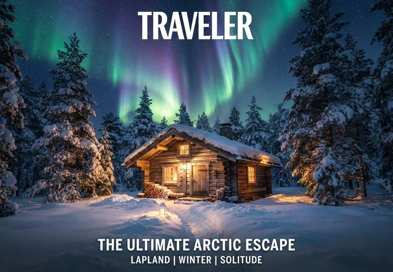 Snowy landscape of Finnish Lapland with a private glass igloo under the Northern Lights