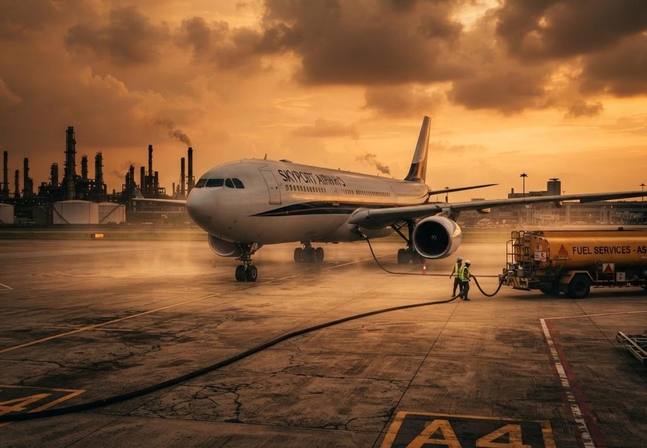 Commercial aircraft refueling on an Asia-Pacific airport tarmac