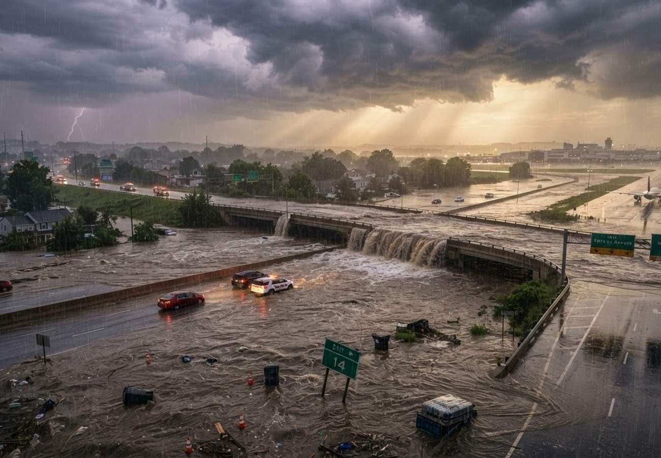Flooded highway with stranded vehicles during a US flash flood event