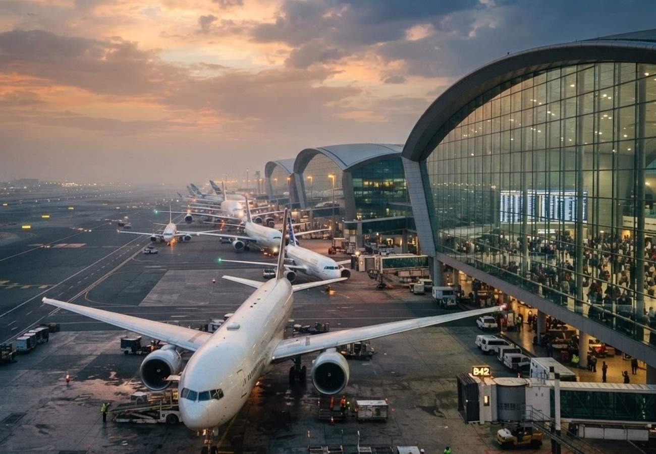 Aerial view of a crowded international airport terminal in Asia during flight disruptions