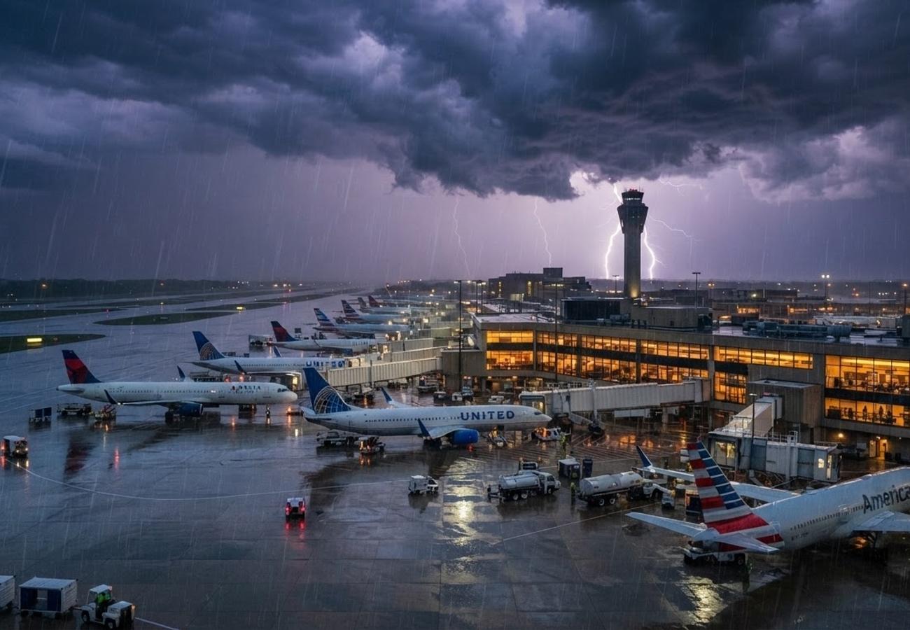 Aerial view of grounded aircraft at a major US airport hub during weather delays