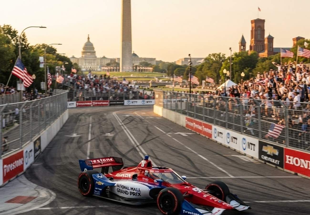 IndyCar race cars speeding past the Washington Monument on a temporary street circuit