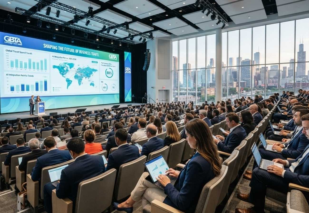 Corporate travel professionals discussing AI integration at a global convention