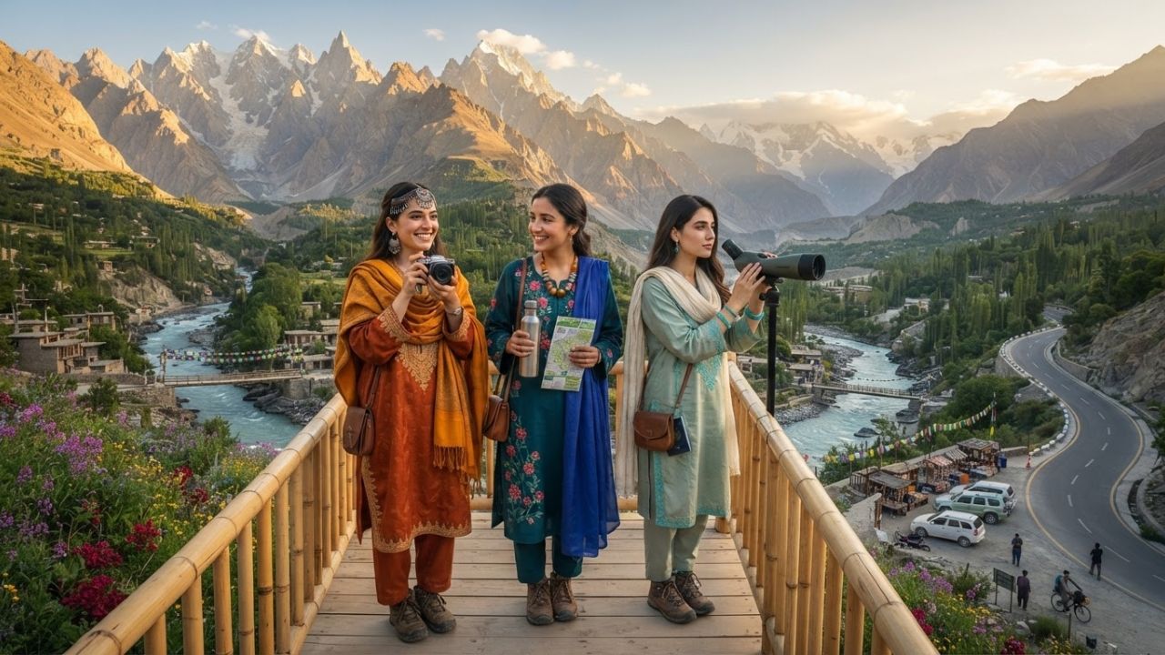 A winding road carved into steep mountain cliffs beside a turquoise river in Gilgit-Baltistan