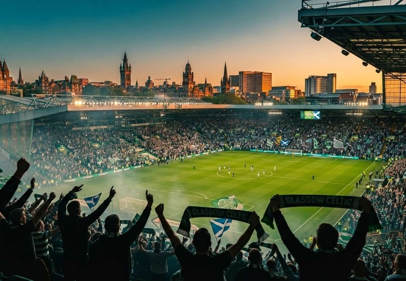 Aerial view of a packed football stadium in Glasgow