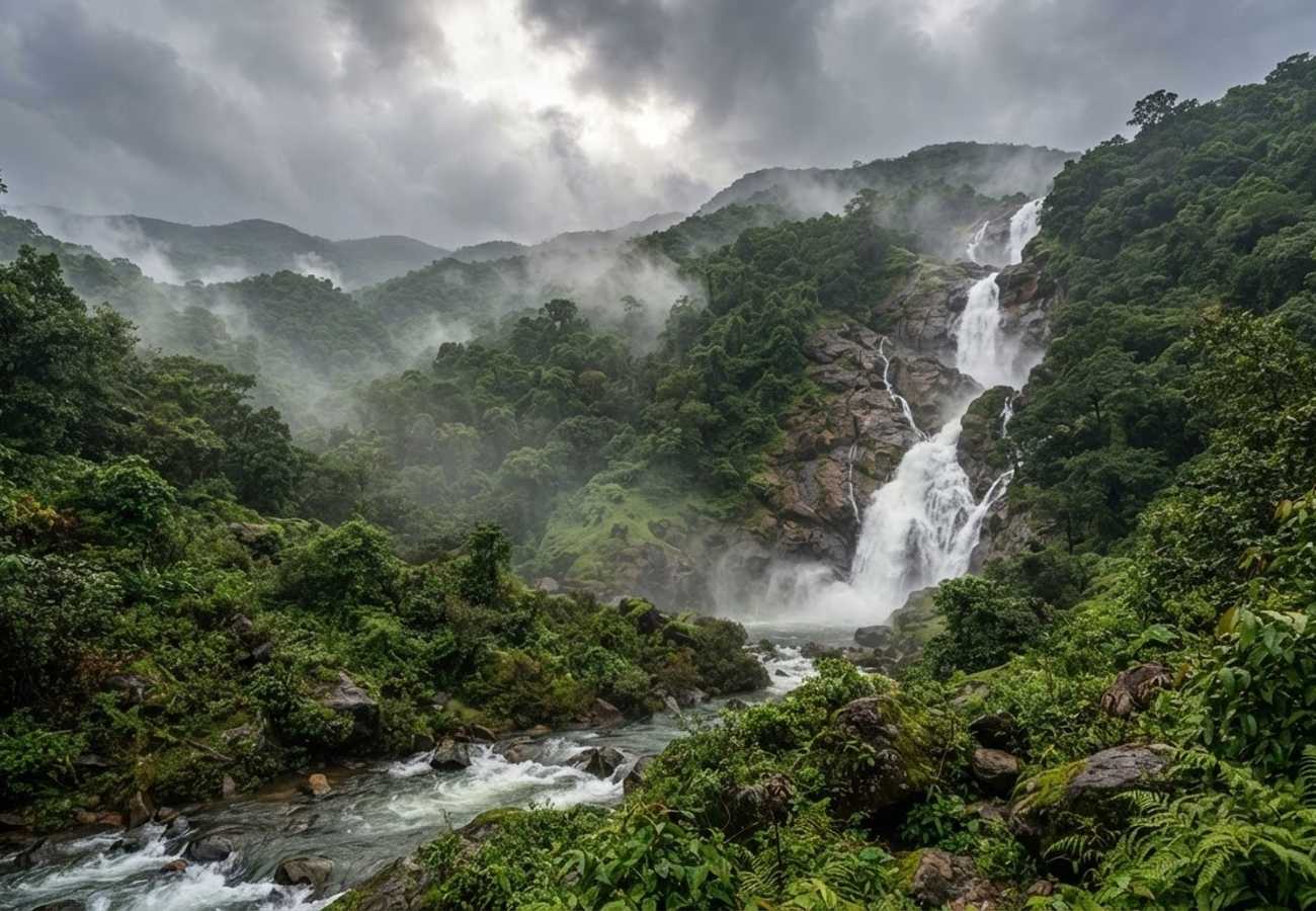 Lush green landscapes of Goa during the monsoon season with mist-covered hills