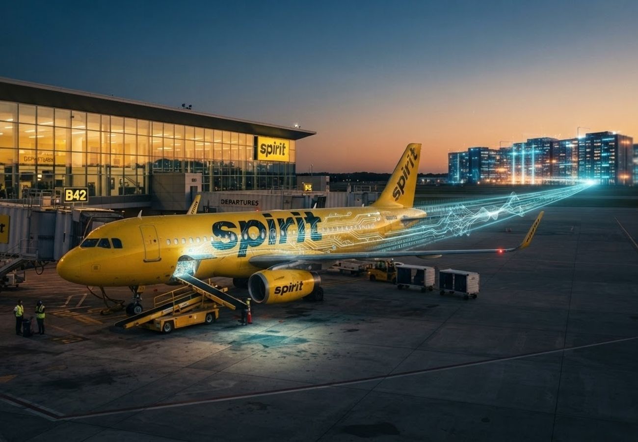 Digital representation of airline data flowing into an AI neural network
