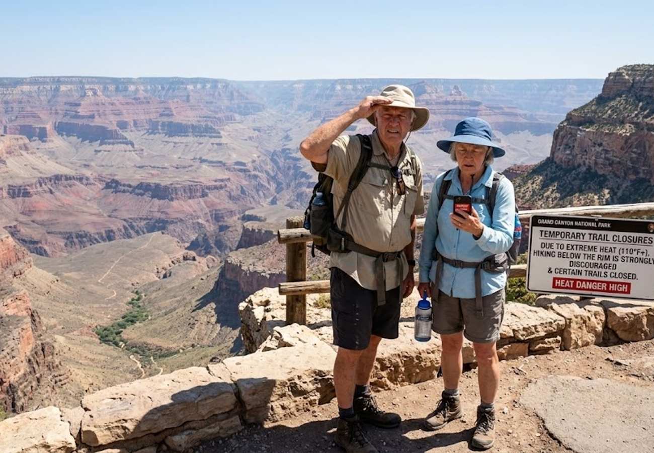 Grand Canyon National Park South Rim under intense summer sun with hikers on a trail