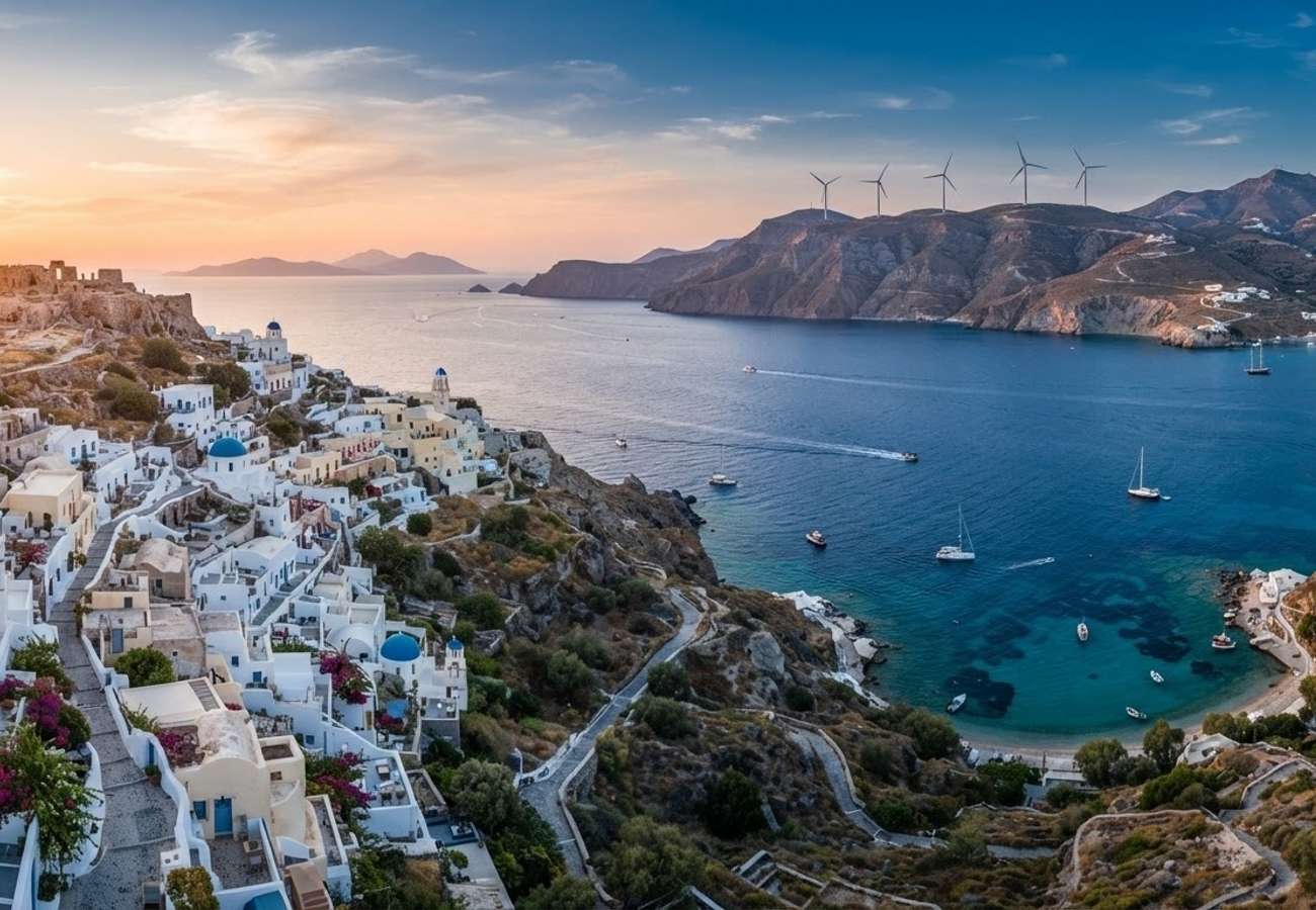 Aerial view of Greek landscape with renewable energy infrastructure