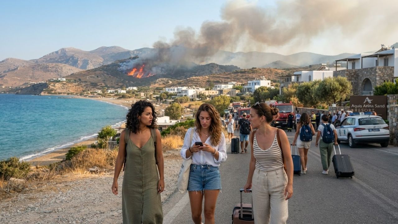 A photorealistic rendering of smoke rising in the distance behind a coastal Greek village under a clear blue summer sky.