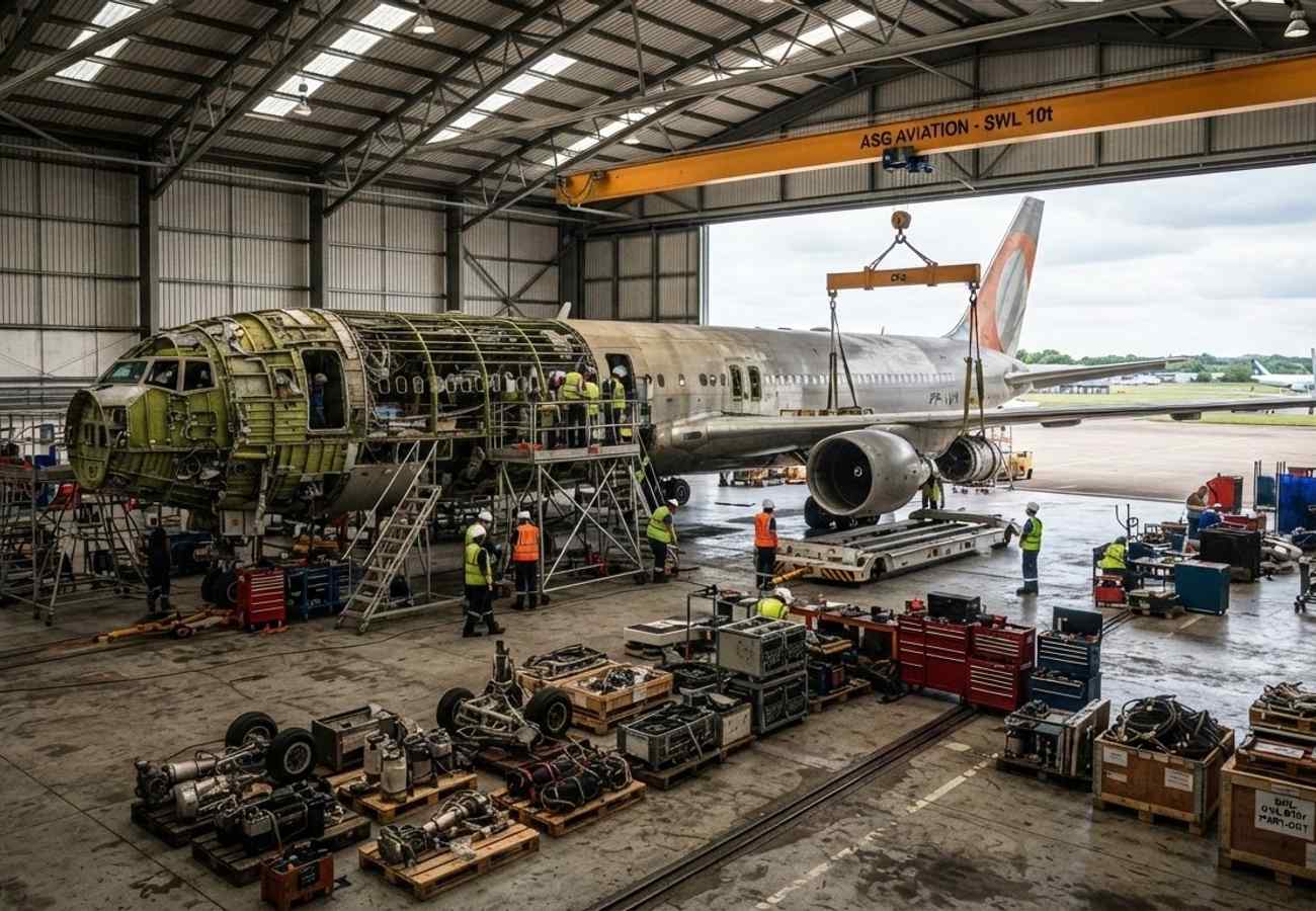 Commercial aircraft being dismantled for parts in a hangar