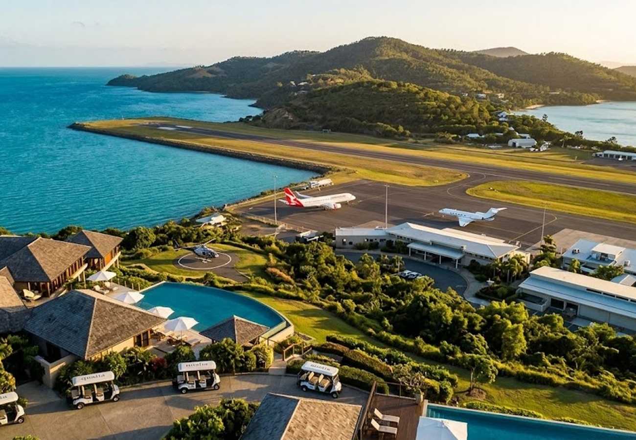 Aerial view of Hamilton Island luxury resort and aviation infrastructure