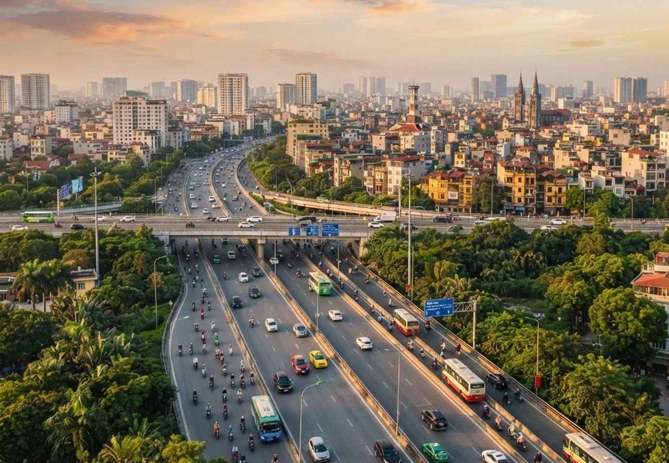 Aerial view of Hanoi Old Quarter streets and traffic