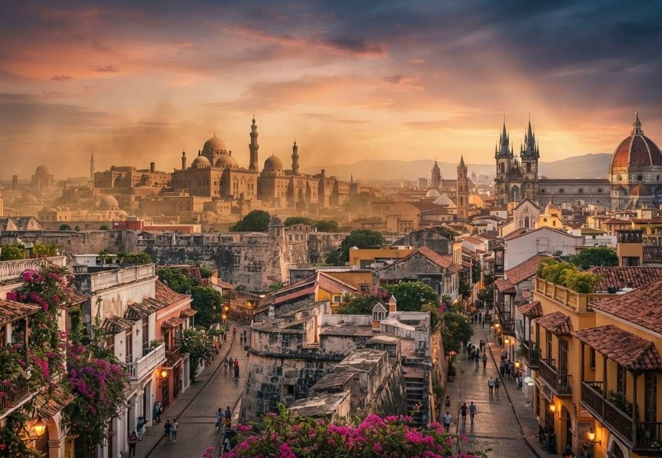 Aerial view of a historic walled city with colonial architecture
