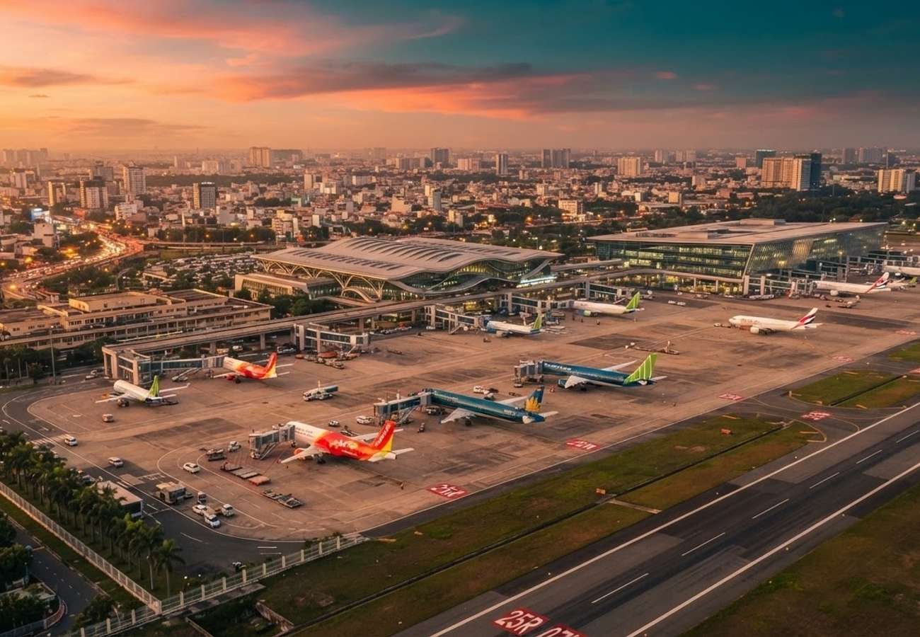 Aerial view of Tan Son Nhat International Airport terminals in Ho Chi Minh City