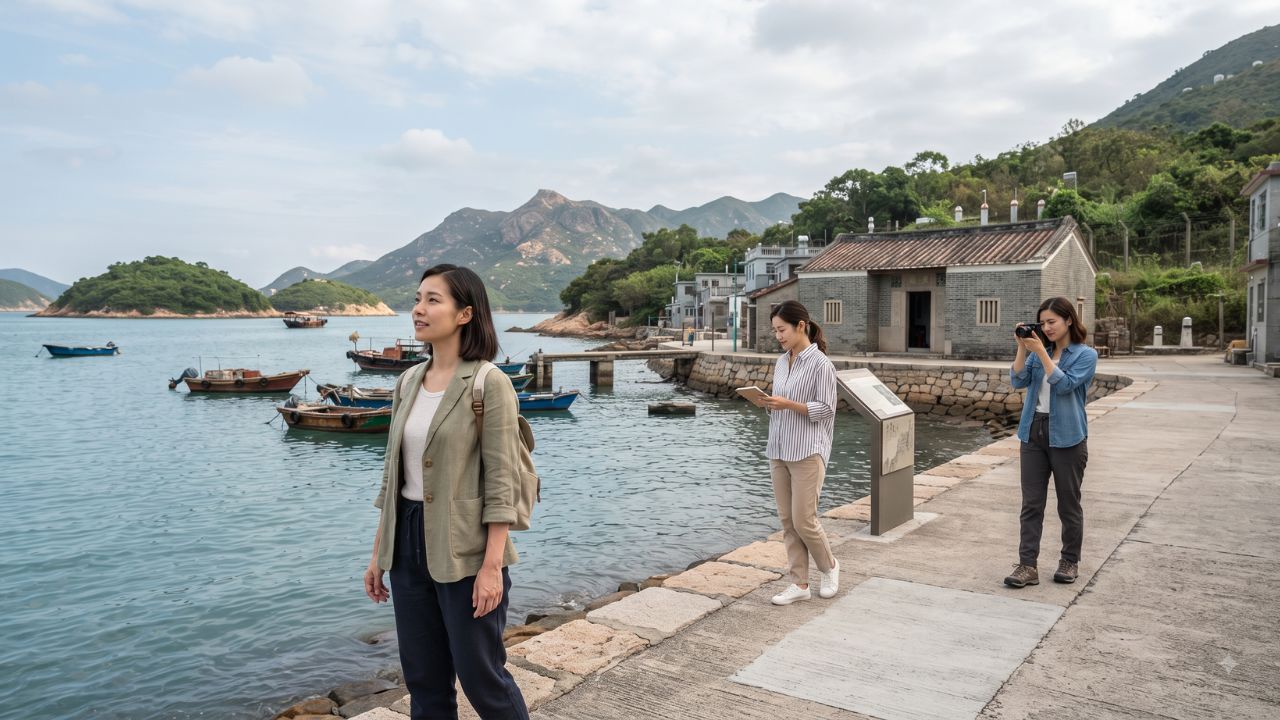 A scenic view of a quiet harbor pier at the border area of Sha Tau Kok with green hills in the background
