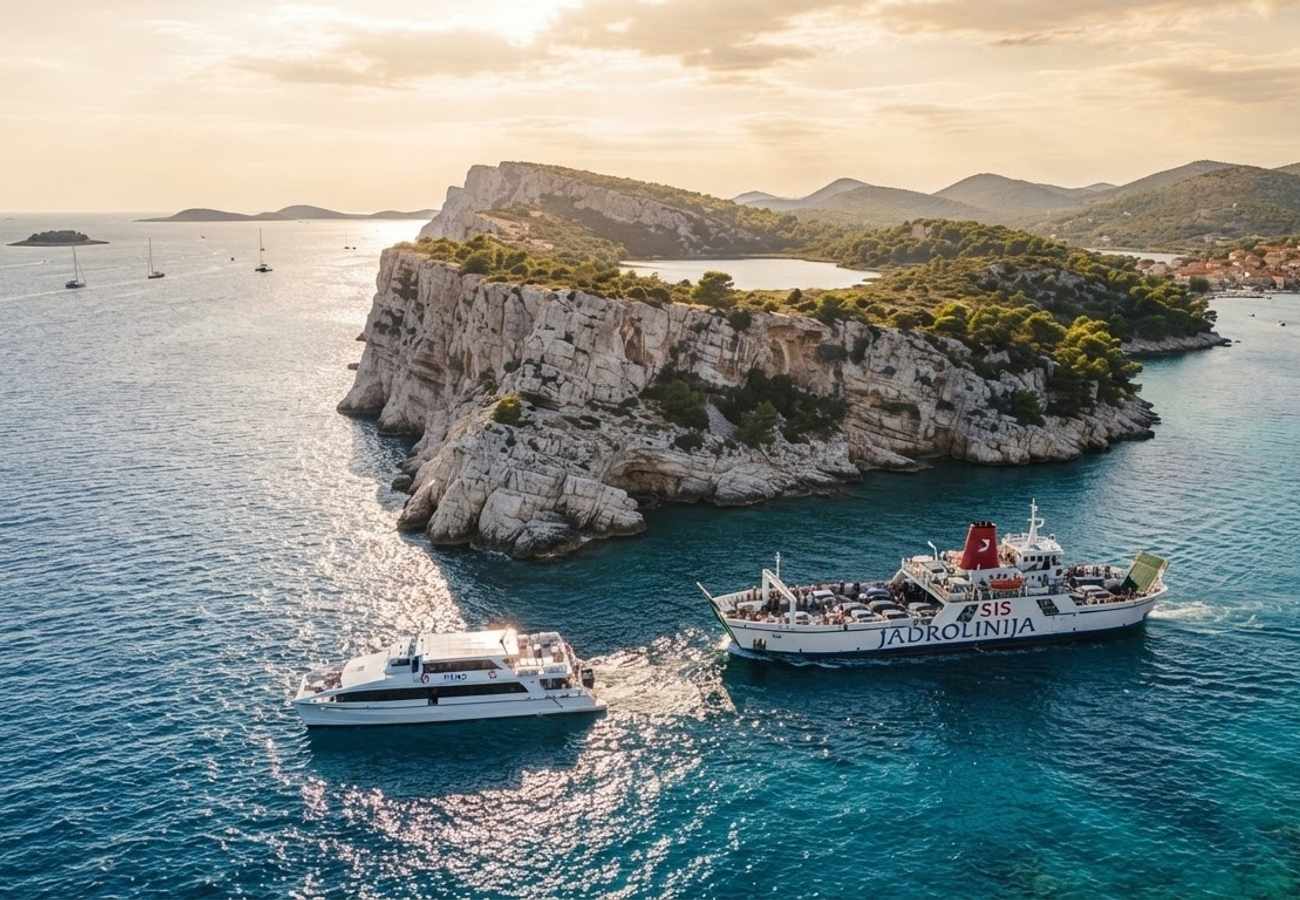 Jadrolinija car ferry departing Gaženica terminal in Zadar toward Brbinj on Dugi Otok, Croatia
