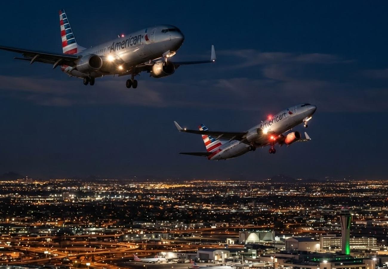 Commercial aircraft flying over Phoenix Sky Harbor International Airport