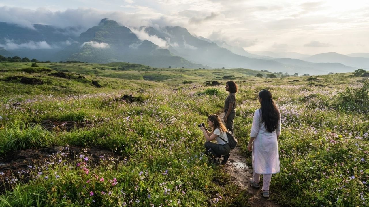A photorealistic rendering of a mist-shrouded plateau covered in small colorful wildflowers in the Western Ghats of India.