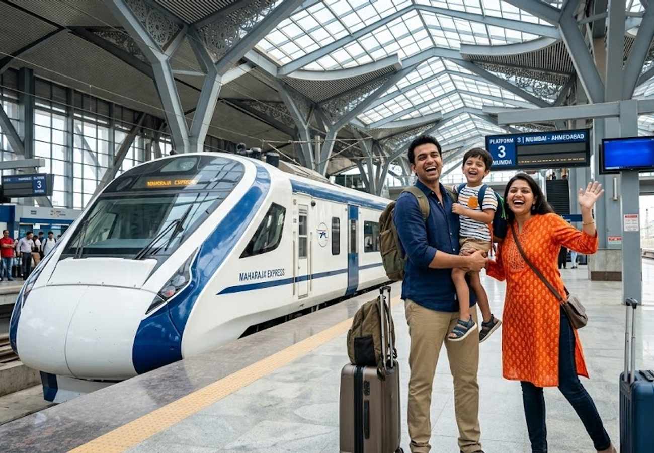 High-speed bullet train speeding through an Indian landscape