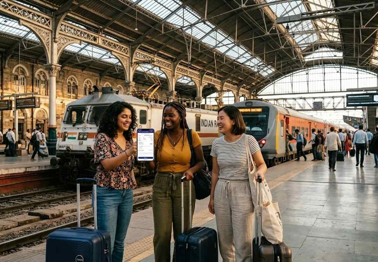 Indian Railways train at platform with passengers boarding with luggage