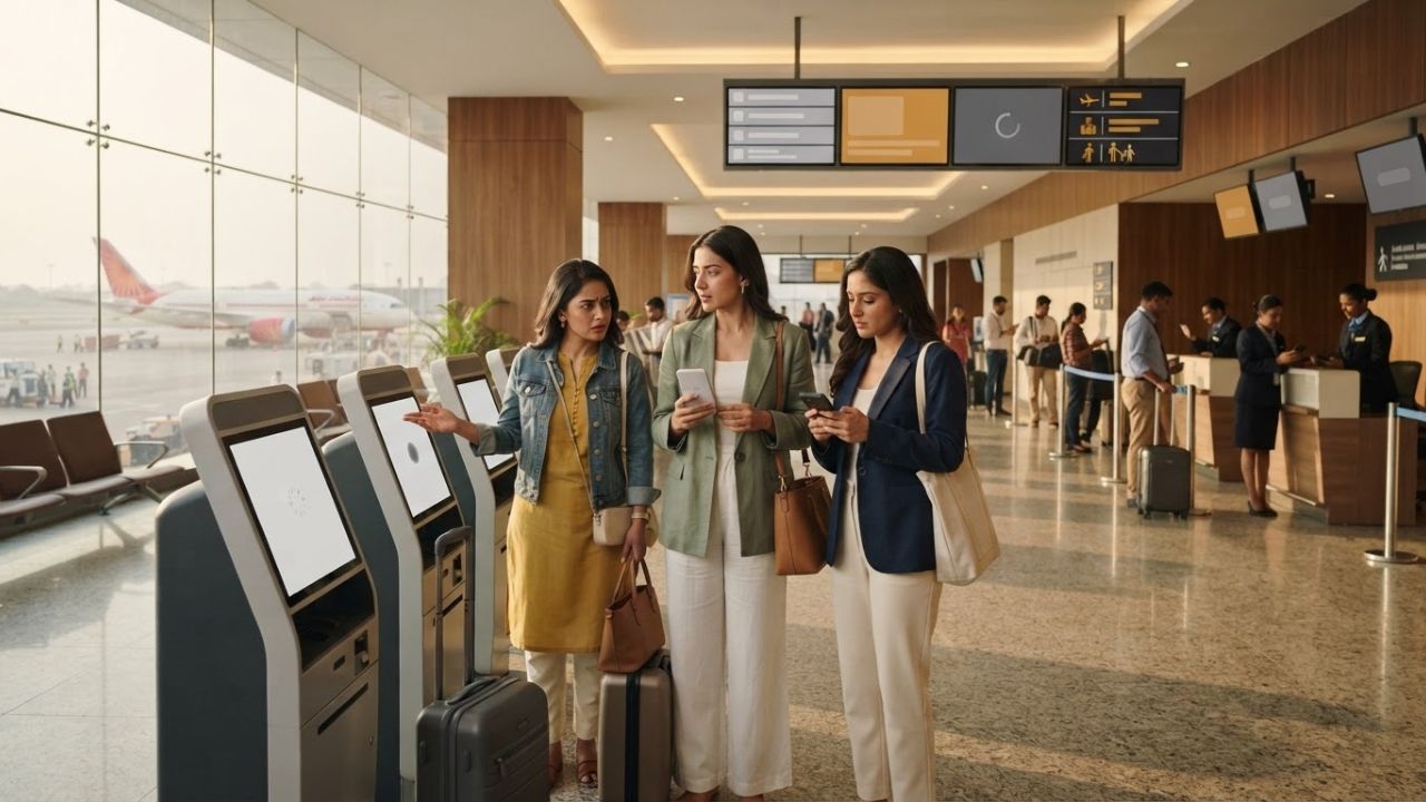 Passengers waiting in front of airline check-in counters during a system outage at an airport terminal.