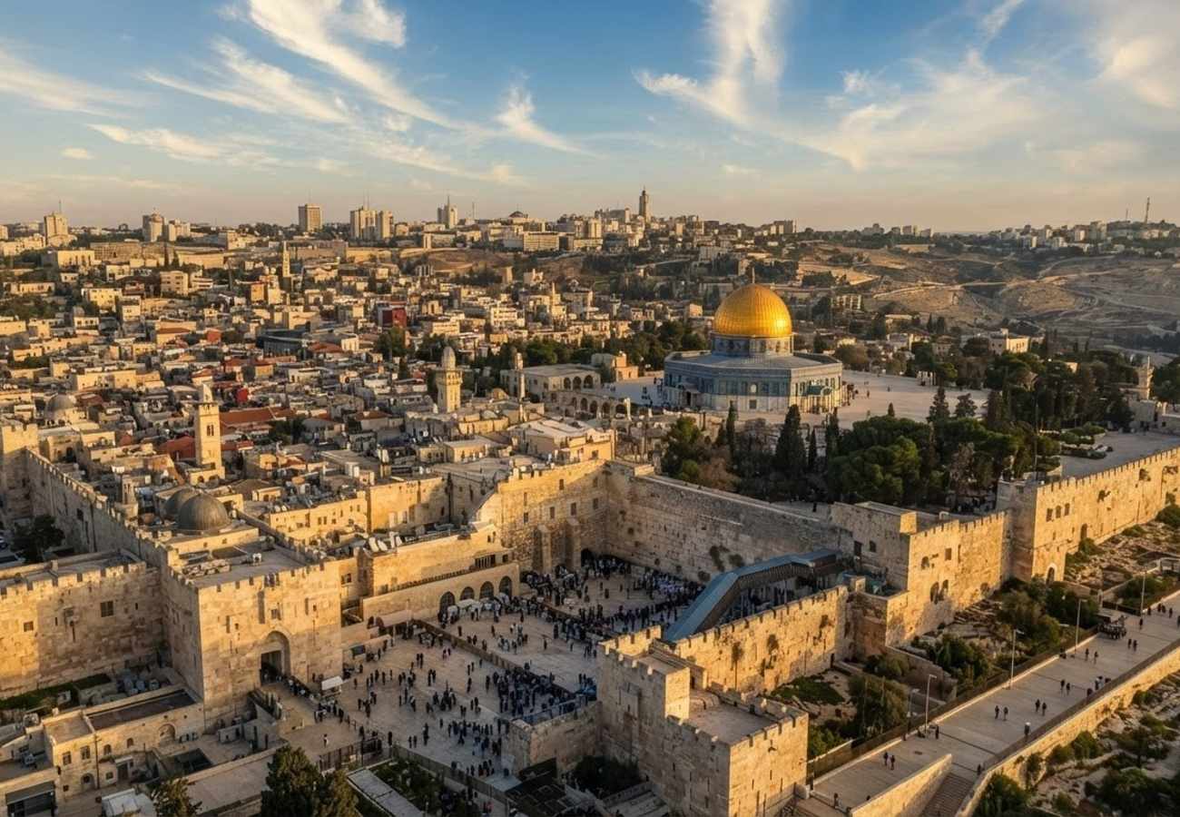 Aerial view of Jerusalem heritage sites and Israeli tourism infrastructure