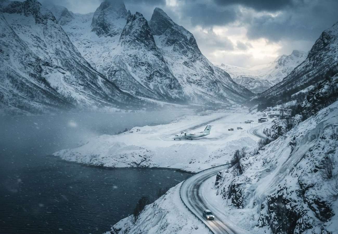 Aerial view of Norwegian fjords and snowy mountains during winter