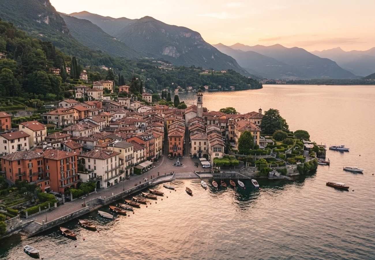 Aerial view of a quiet Italian lakeside village