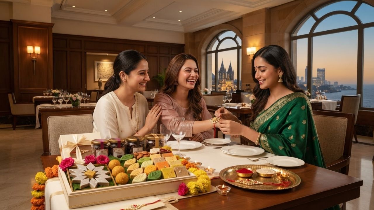 A beautiful display of luxury festive hampers and traditional gourmet sweets decorated for Raksha Bandhan.
