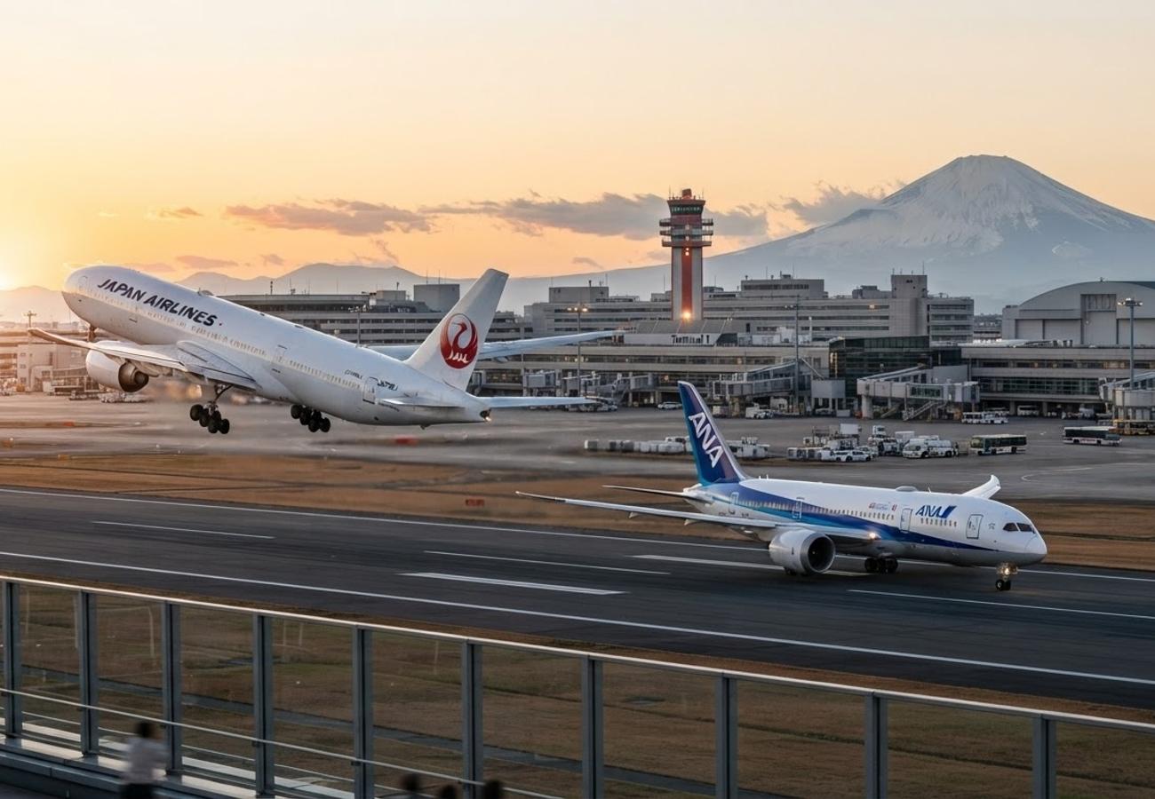 Commercial aircraft at a Japanese airport terminal
