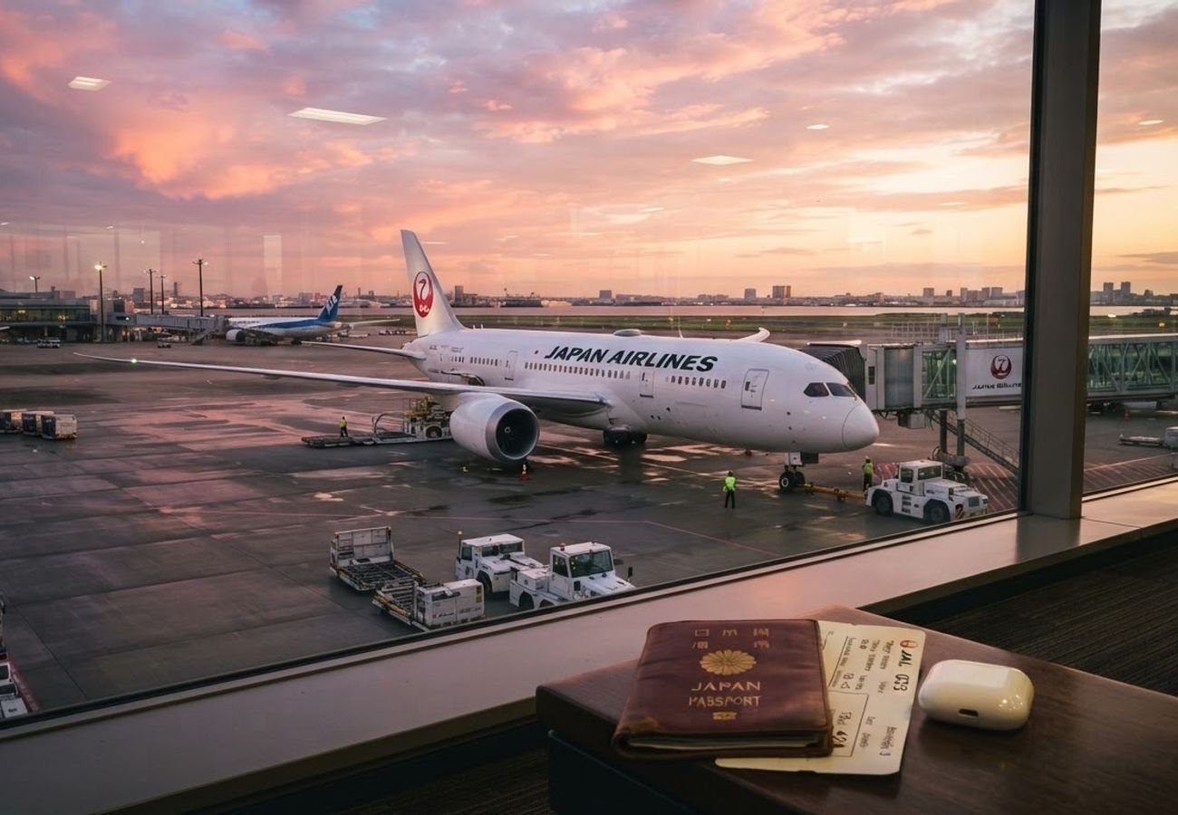 Japan Airlines aircraft on a tarmac during a delay