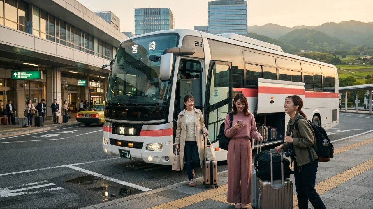 A modern highway express bus traveling along a scenic coastal road in Miyazaki, Japan.