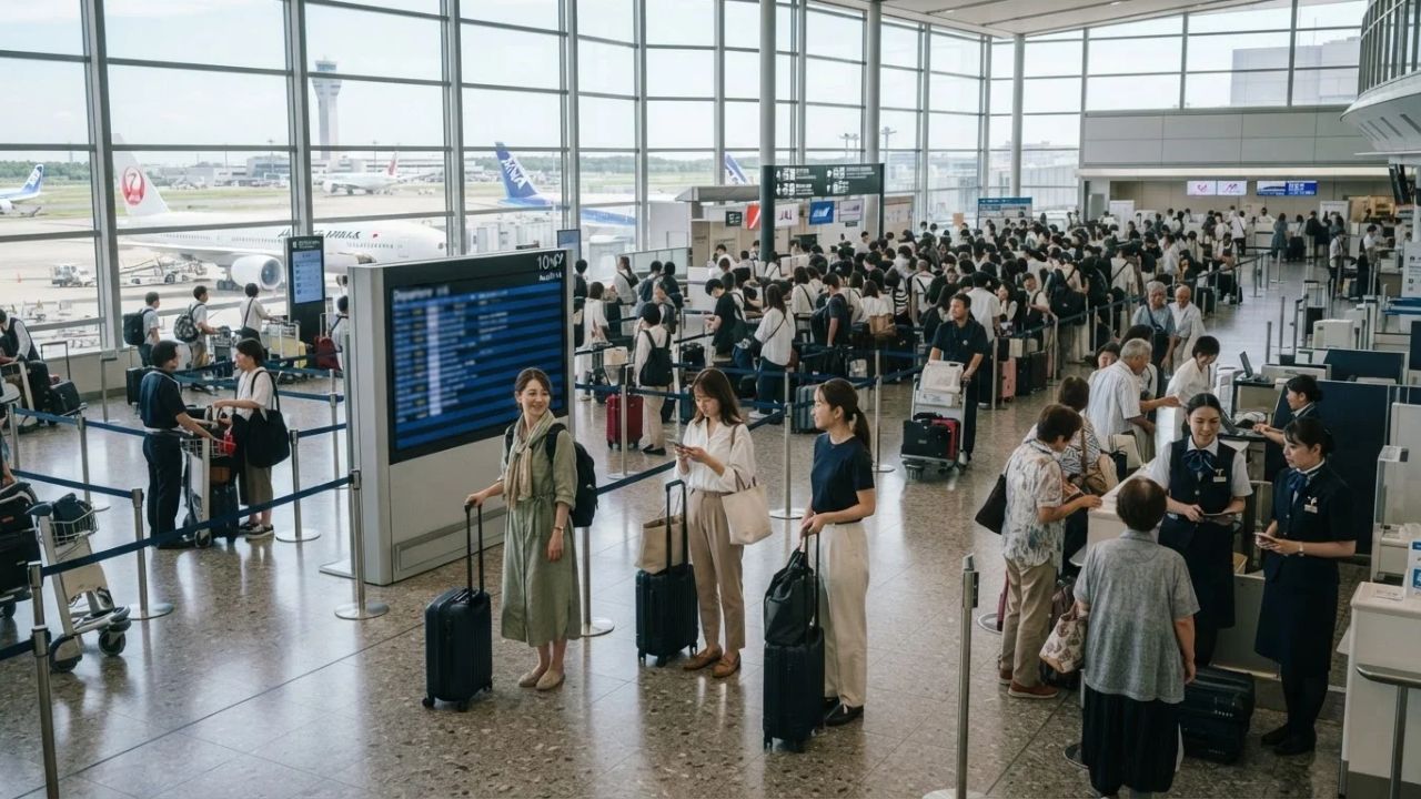 A long queue of passengers standing before a security checkpoint at a major Japanese airport terminal.