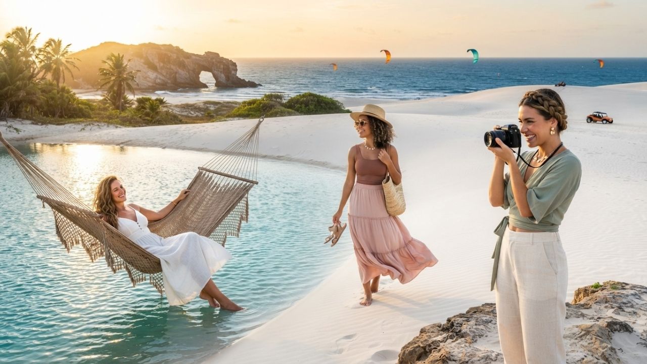 A beautiful view of a freshwater lagoon at Jericoacoara National Park with hammocks set up in the water
