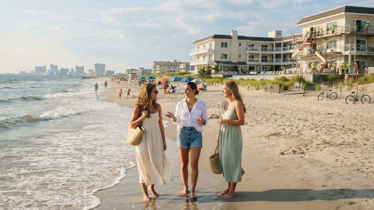 A scenic view of the quiet sandy beaches on Brigantine Island near Atlantic City under a warm summer sun.