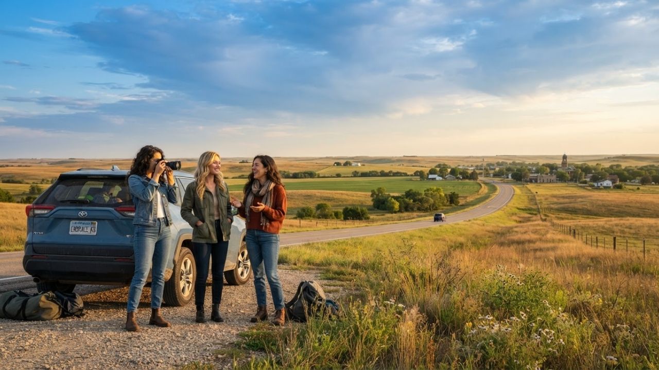 A scenic view of the rolling green hills and wild bison at the Tallgrass Prairie National Preserve in Kansas.