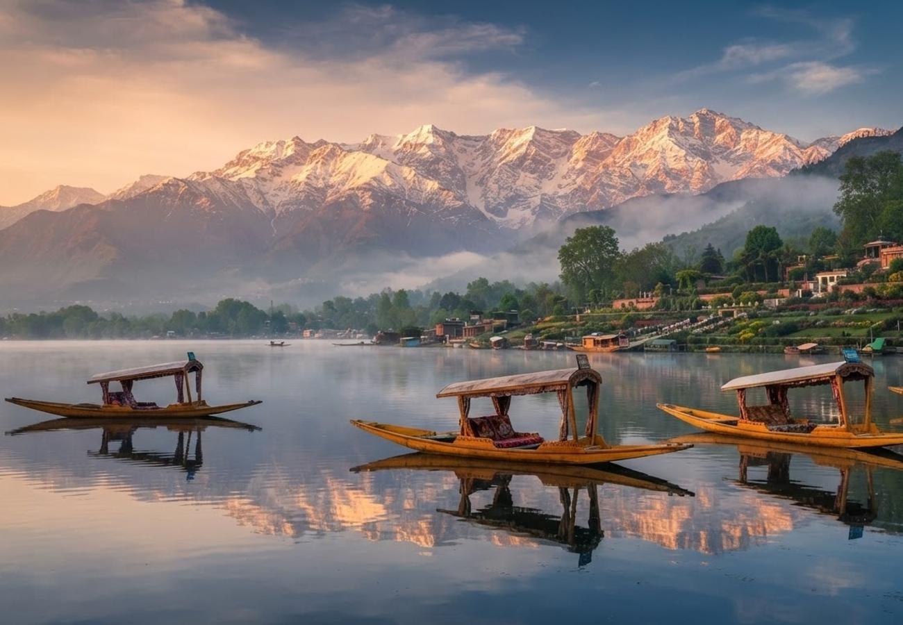 Aerial view of the Kashmir Valley and houseboats on Dal Lake