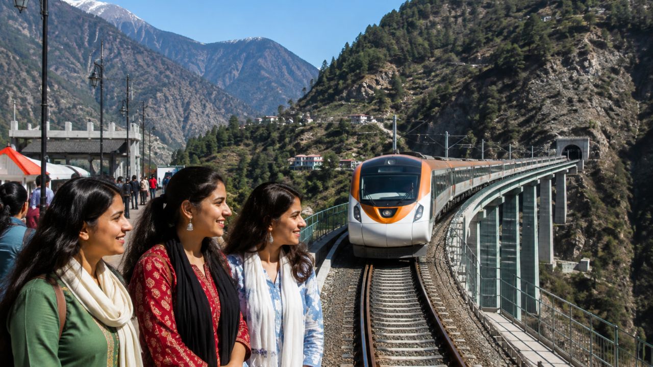 A passenger train winding through the picturesque mountainous valleys of Jammu and Kashmir.