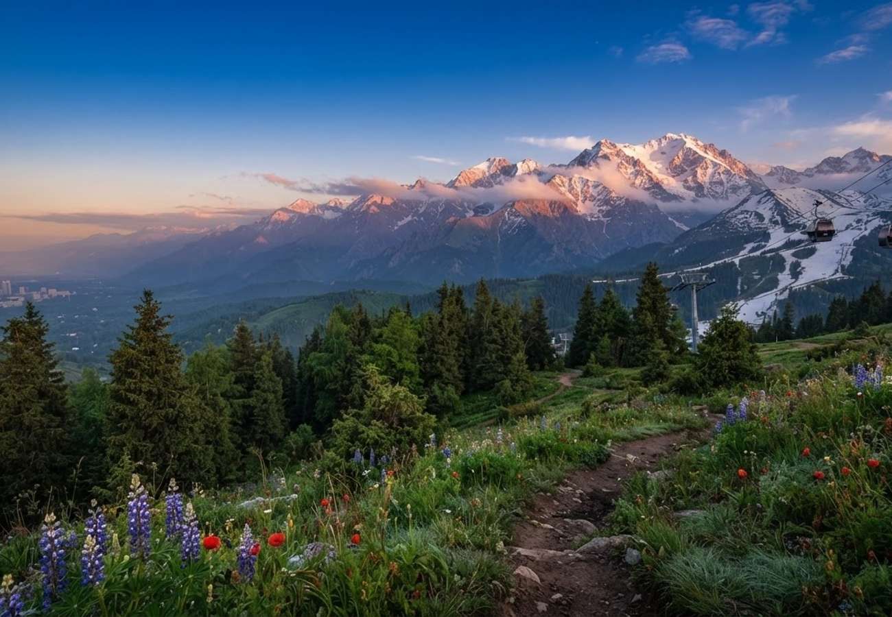 Aerial view of the Tian Shan mountains surrounding Almaty Kazakhstan