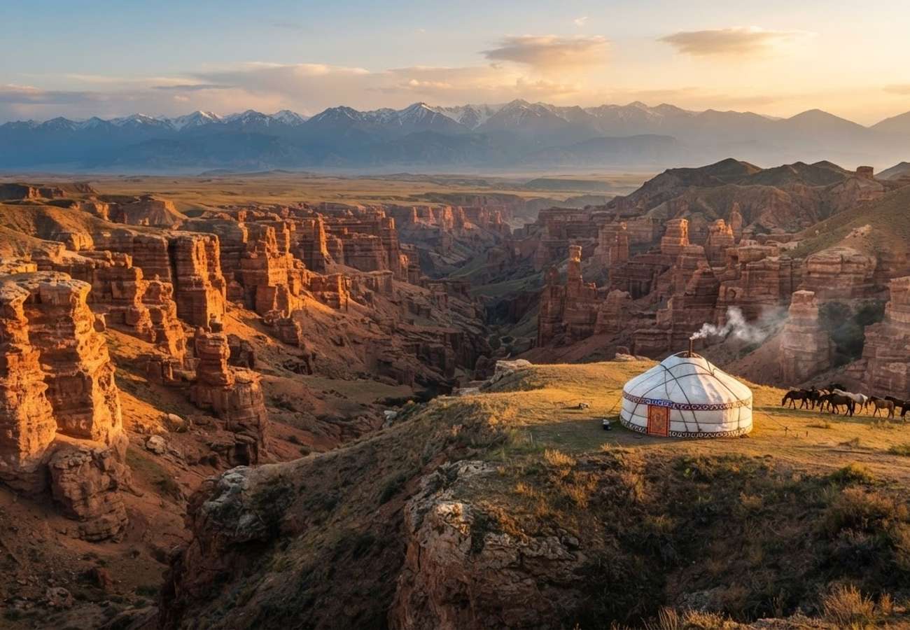 Panoramic view of the Kazakh steppe and Almaty mountains