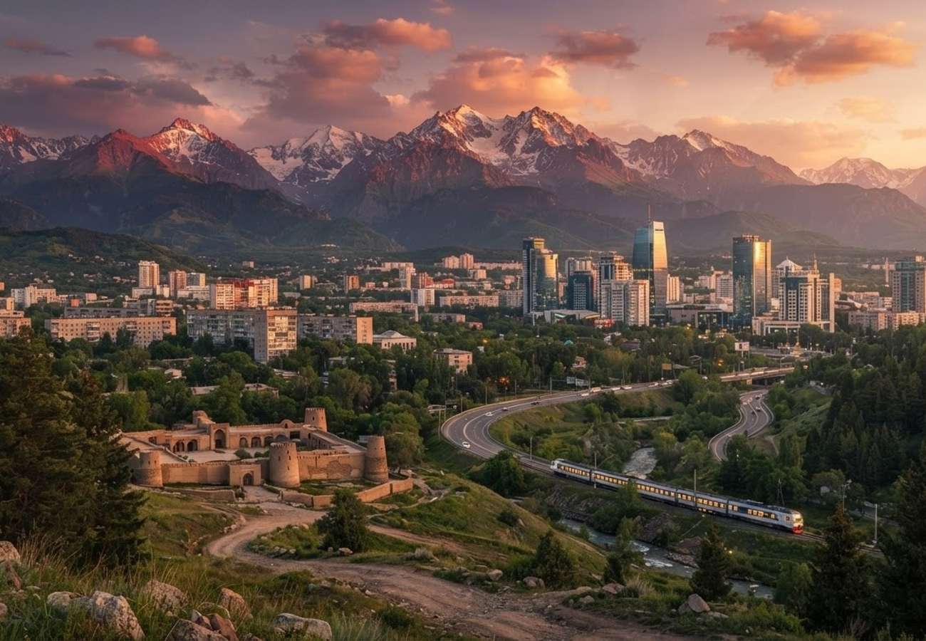 Panoramic view of Almaty mountains and city skyline