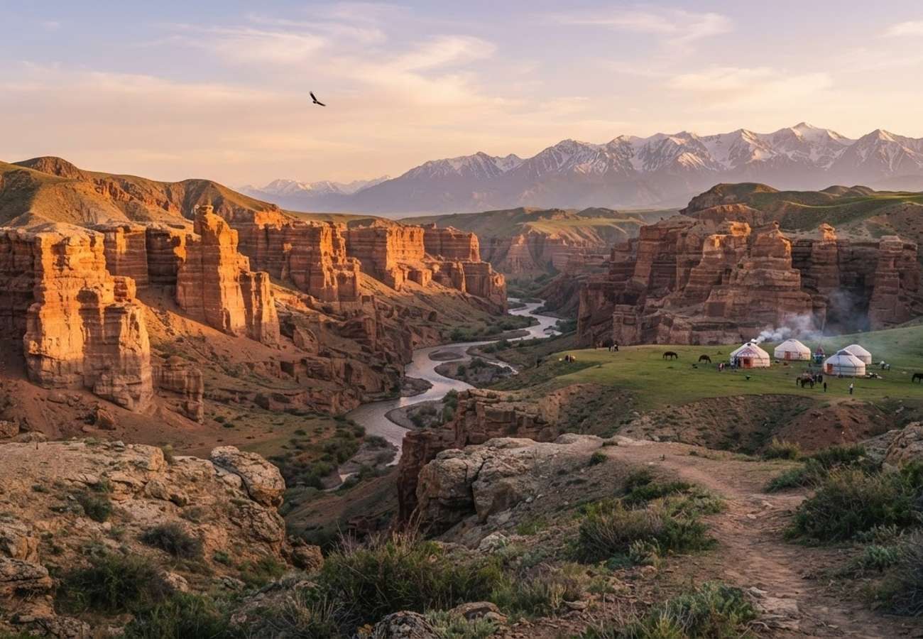 Panoramic view of the Central Asian steppe and Silk Road landscapes in Kazakhstan
