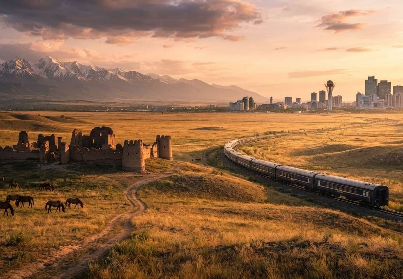 Panoramic view of the Kazakh steppe and ancient Silk Road architecture
