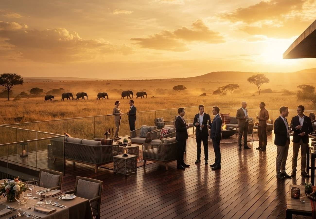 Aerial view of the Maasai Mara savannah with corporate travel logistics overlay